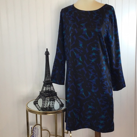 💖 J. Crew Factory | 3/4 Sleeve Gallery Shift Dress Blue Black Leaf Floral Siz - Picture 2 of 6